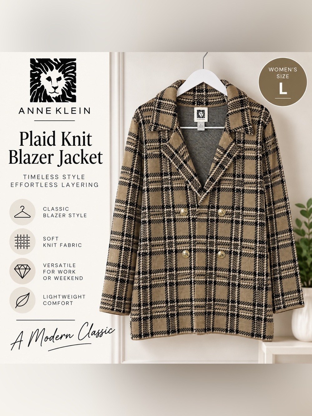 Anne Klein Plaid Knit Blazer Jacket Women’s Size L Tan Black Gold Buttons